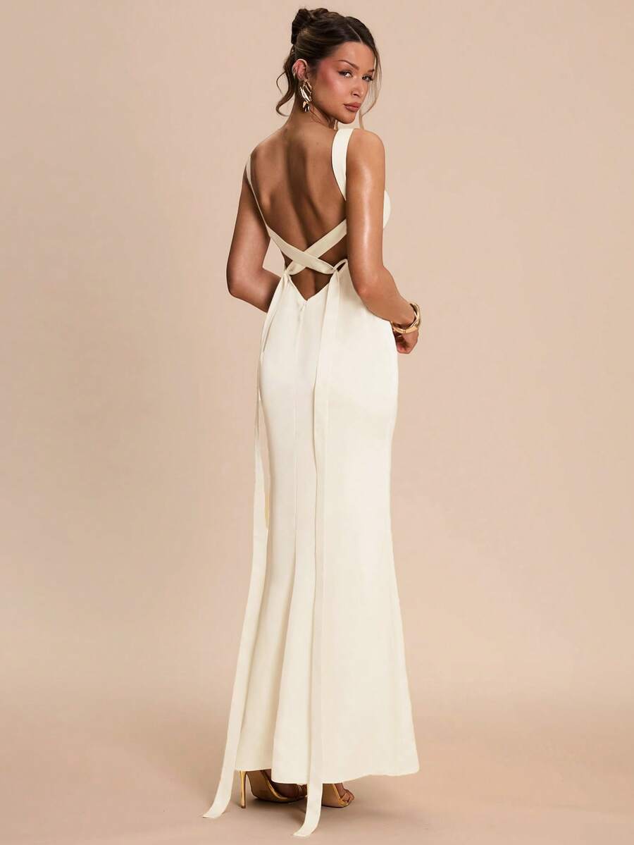 SHEIN BAE Cream White Backless Tie Strap Fitted Satin Mermaid Dress, Elegant Sexy For Brunch Dinner Date, Bridesmaid, Party, Formal Occasions, Birthday, Summer - Apricot - View 1