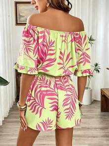 Breezaya Hawaiian Style Ruffled Off-Shoulder Romper - Green - View 2