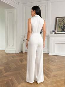 Modelyn Combinaison élégante à taille haute, taille cintrée, col chemise, jambes évasées, couleur blanche, convient aux femmes, pour porter en été, tenue de ville - Blanc - Voir 2