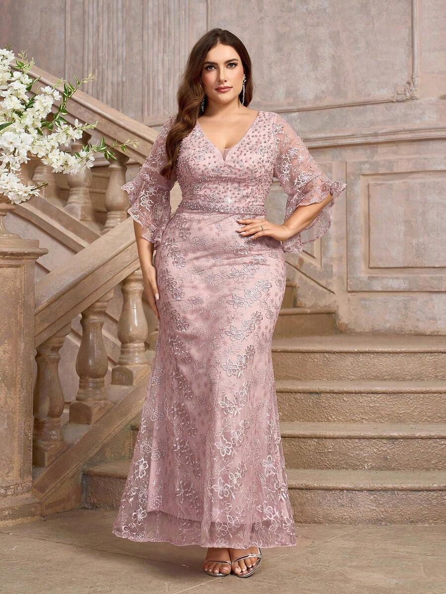 Plus Size Lotus Pink Beaded And Rhinestone Embellished Lace Fabric Mermaid Formal Dress, Elegant Evening Gown For Cocktail Party Prom Wedding Guest Dress, For Graduation, Dinner, For Valentine's Day - Dusty Pink - View 1