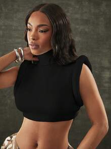 Denimoi Hochgeschlossenes Crop-Stricktop mit hochgekrempelten Ärmeln, sexy modisches Top für GNO-Konzert und Mädelsabend - Schwarz - Übersicht 6