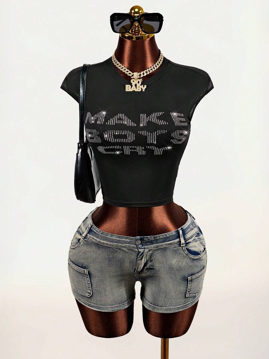 Mistrie Rhinestone Decor Round Neck Fitted Summer Fashionable Short Sleeve T-Shirt - Black - View 1