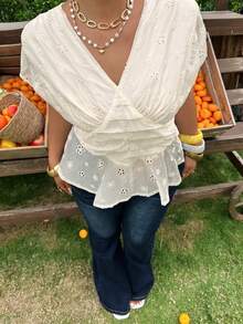Dazy Plus Hollow Floral All-Over Print V-Neck Elegant Boho Waist Crop Top, Short Sleeve Blouse For Plus Size Women, Spring/Summer Vacation Outfits White - Apricot - View 7