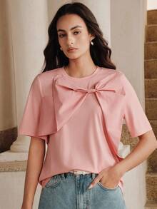 Anewsta Women's Spring Knit Patchwork Bow T-Shirt - Pink - View 4