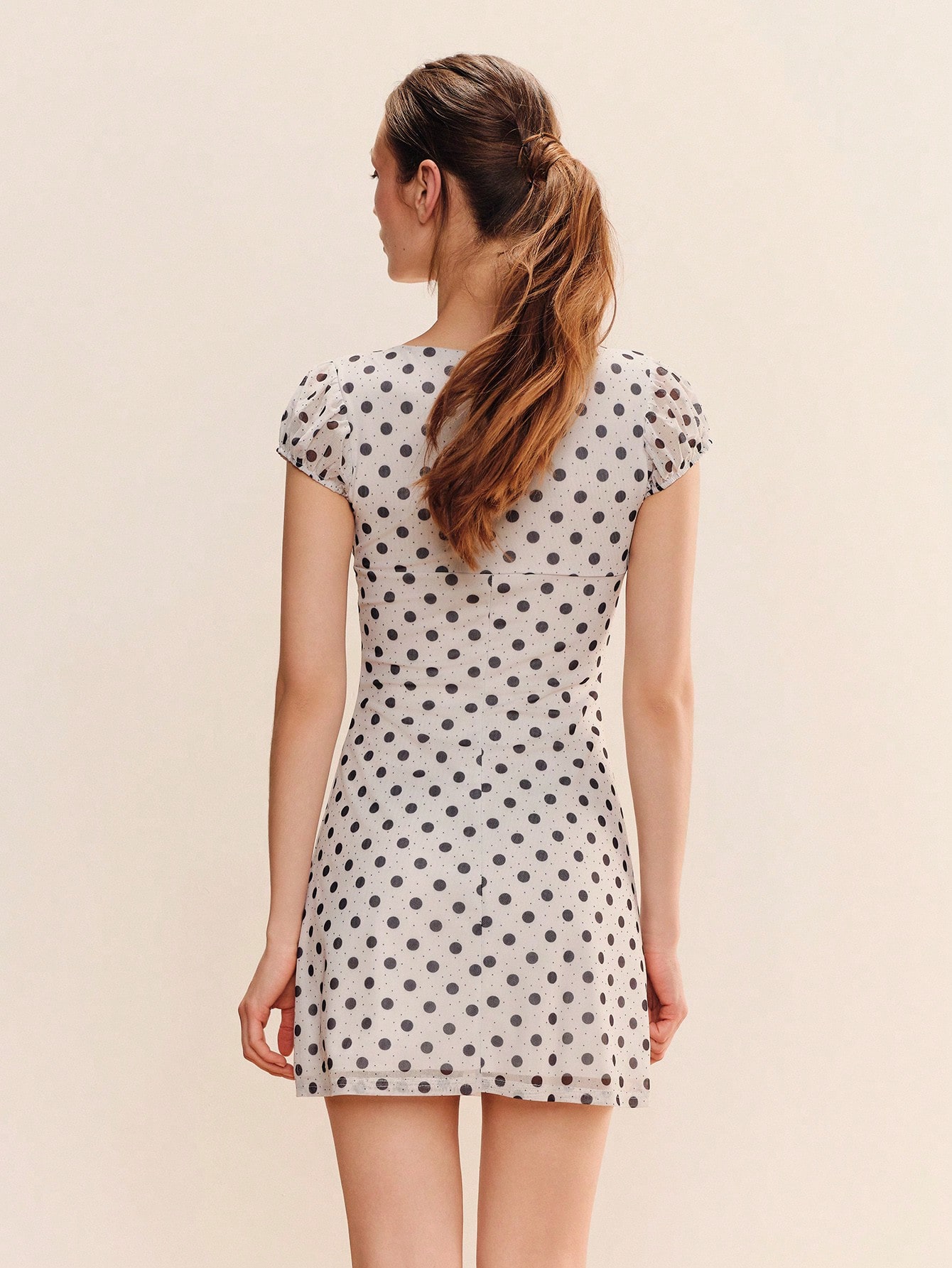 White Polka Dot Mesh Mini Dress, Puff Sleeves, Keyhole Opening At The Front, Spring Summer To Go Out