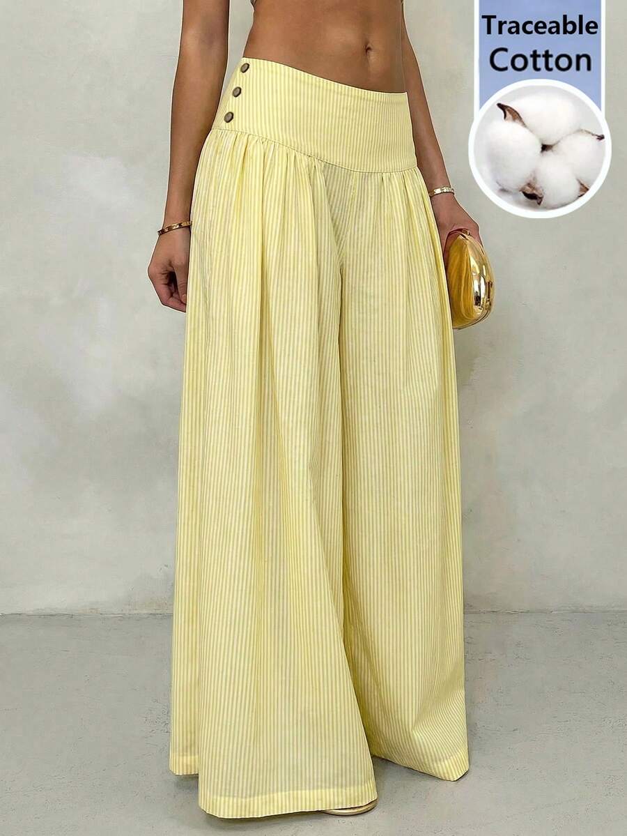 SHEIN Glamour 女士黄色条纹梭织面料低腰褶皱阔腿裤,女士度假裤,女士黄色条纹长裤 - 黃色 - 查看 1
