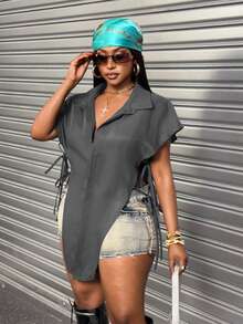 Plus Size Turndown Collar Hidden Placket Side Hollow Bow Tie Elegant Sexy Blouse - Dark Grey - View 6