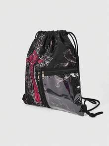 ROMWE Goth 1个哥特风华丽十字抽绳包 - Y2K暗黑美学红黑口袋背包，适合上学、通勤、万圣节和日常使用 - 黑紅色十字架 - 查看 3