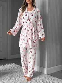 Cotton 3 Pcs Cute CHERRY Pattern Homewear Pajama Set - White - View 3