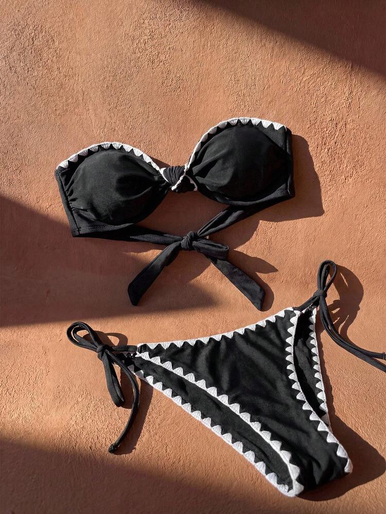 Women's Contrast Trim Bandeau Bikini Set, Suitable For Beach In Summer