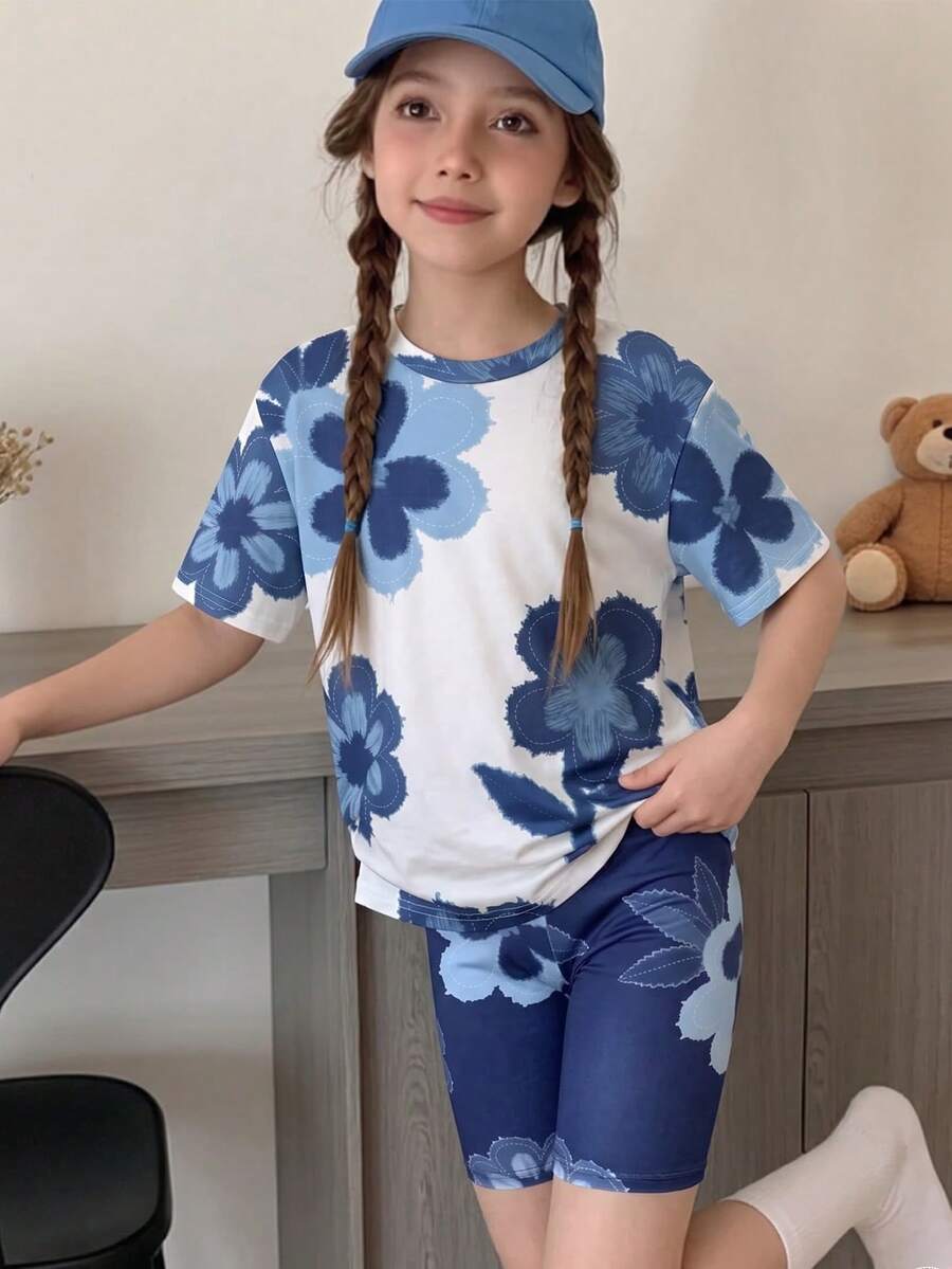 SHEIN Explorewe 2pcs/Set Tween Girls Floral Print Loose Short Sleeve T-Shirt And Skinny Shorts Set, Summer Outfit - Multicolor - View 1