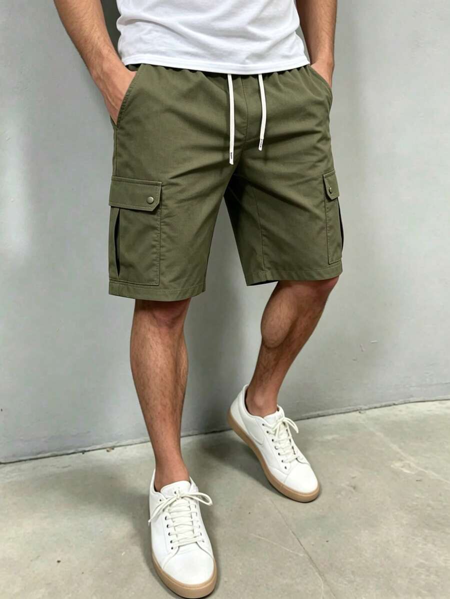 Manfinity Homme Men's Mature Casual Military Green Cargo Pocket Shorts, Spring/Summer, Holiday - Green - View 1
