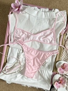 Swim Mod 女士两件套纯色可爱性感可调节吊带露脐上衣和配套三角泳裤，热销沙滩度假休闲优雅比基尼套装，情人节派对必备 - 粉色 - 查看 3