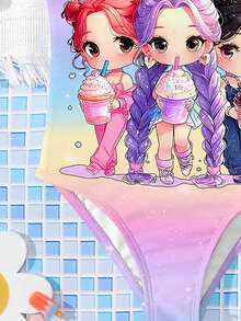 Young Girls' Colorful Ombre, K-Pop Superstars Cartoon Girl Group Print One-Piece Swimsuit, Suitable For Summer - Multicolor - View 5