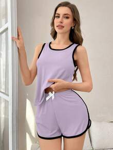 SHEIN Contrast Trim Casual Tank Top And Shorts Women Pajama Set - Mauve Purple - View 3