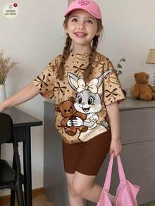 2pcs/Set Young Girls Cute Cartoon Rabbit Print Casual T-Shirt And Shorts, Sweet Bowknot Decor, Muted Color, Suitable For Girls, Comfortable Summer, Back To School, Y2K Style, Kids Fall Fashion, Cozy , Sweet Style, Affordable Fashion, Weekend Outfits Young Girls Clothing Bunny T-Shirt Rabbit Shirt Kids T-Shirt Kids Clothes - Multicolor - View 1