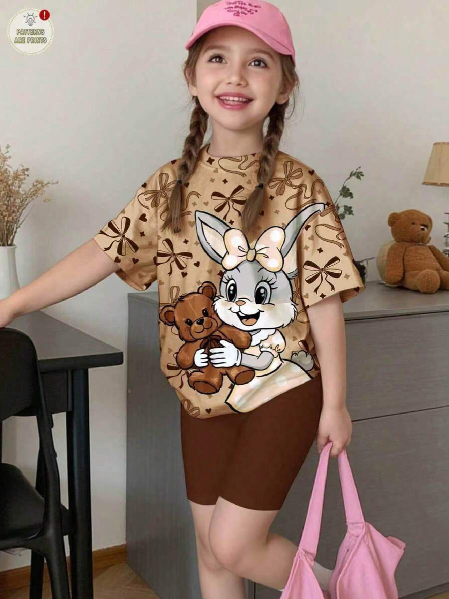 2pcs/Set Young Girls Cute Cartoon Rabbit Print Casual T-Shirt And Shorts, Sweet Bowknot Decor, Muted Color, Suitable For Girls, Comfortable Summer, Back To School, Y2K Style, Kids Fall Fashion, Cozy , Sweet Style, Affordable Fashion, Weekend Outfits Young Girls Clothing Bunny T-Shirt Rabbit Shirt Kids T-Shirt Kids Clothes - Multicolor - View 1