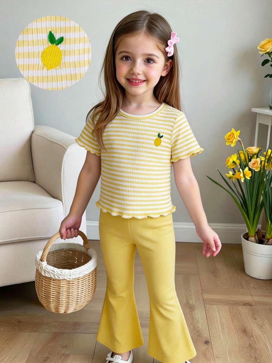 Girls' Sweet Striped Set: 4-7 Years Ruffle Trim Short Sleeve Top With Lemon Embroidery, Matching Flared Pants, Fresh And Casual 2 Pieces Set - Yellow - View 1