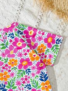 Conjunto de traje de baño de manga corta con estampado botánico para niña, ajuste casual para natación y vacaciones, traje de baño con flores, traje de baño para niñas, bikini para niña, traje de baño para niña - Rosa - Ver 5