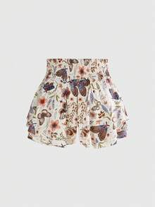 ROMWE Fairycore Trang phục mùa hè phong cách Boho, kiểu hippie, họa tiết cây cỏ, in trên vải, cỡ lớn dành cho nữ, váy ngắn chữ A xếp ly với cạp chun. - Màu be - Xem 2