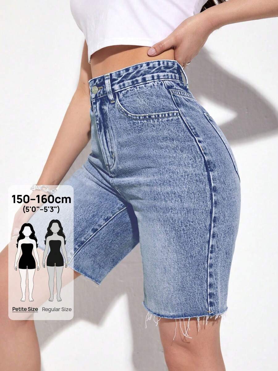 SHEIN PETITE Quần short denim cạp cao dáng casual mùa hè dành cho nữ - Màu xanh lam - Xem 1