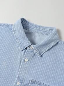 Manfinity Denimwave Áo sơ mi denim ngắn tay màu xanh dương kẻ sọc thêu, phong cách đường phố thường ngày dành cho nam giới. - Rửa nhẹ - Xem 6