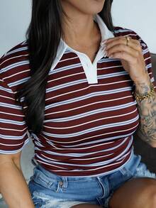 SAYEHFBABY Camiseta de mujer con cuello polo, hombros caídos y media cartera, con diseño de rayas y color contrastante - Marrón - Ver 5