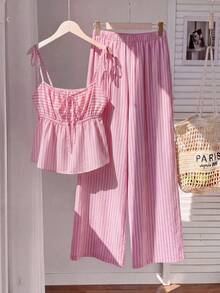 SHEIN Comfortcana Bộ áo hai dây kẻ sọc dệt kim và quần vải lanh dành cho nữ - Hồng - Xem 2