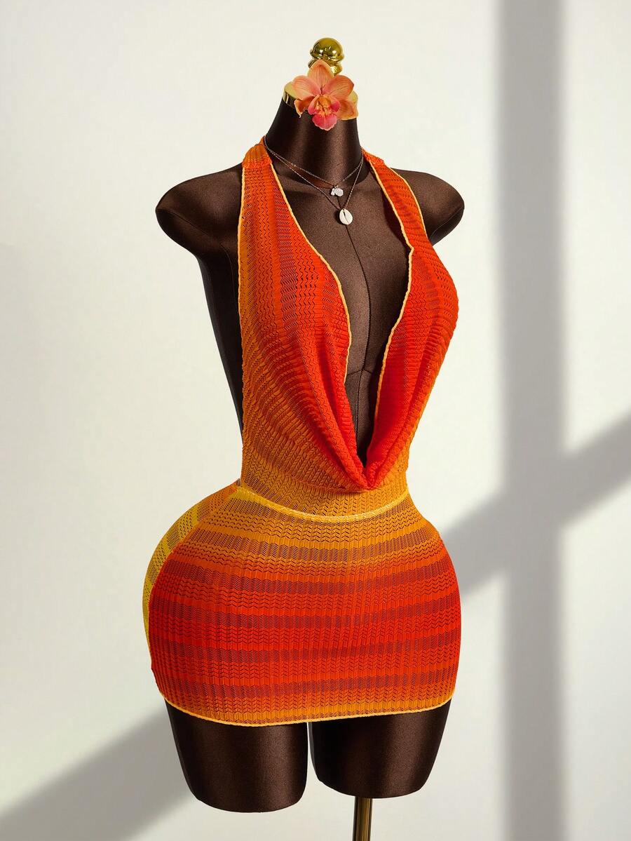 Zestiva Women's Summer Beach Vacation Plunging Neck Tie Front Backless Fitted Romper Dress - Orange - View 1
