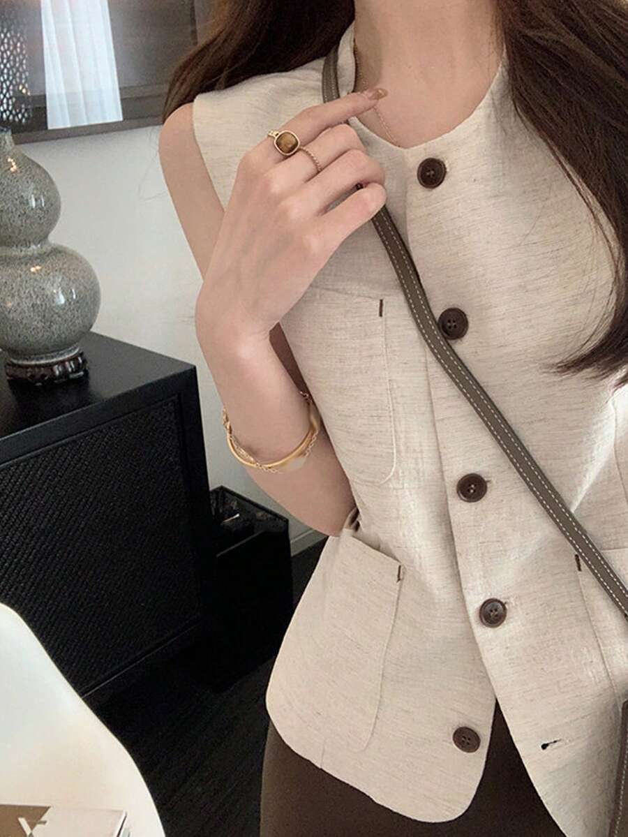 DAZY 女士圆领韩版优雅前扣无袖上衣 - 杏色 - 查看 1
