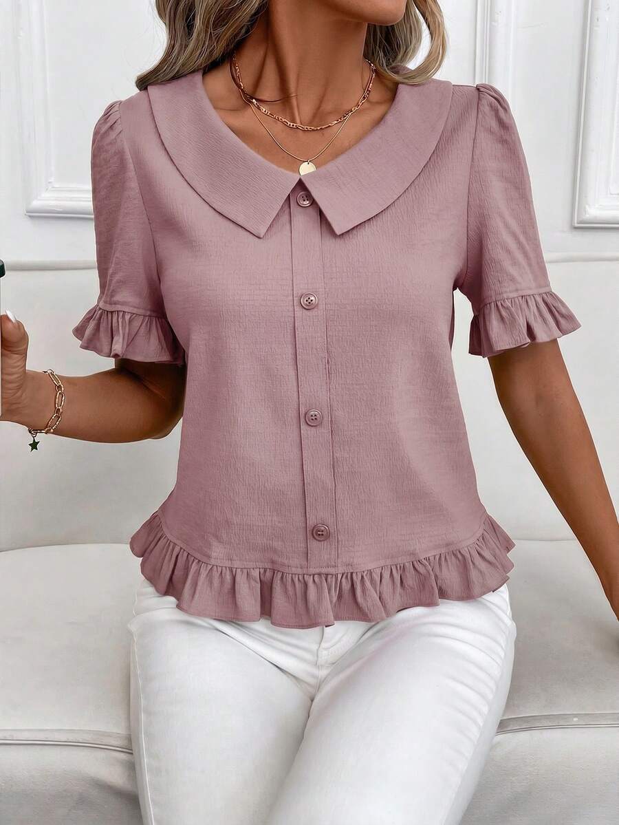 SHEIN Clasi 女士纯色前开襟短袖休闲上衣,日常穿着,外出上衣,夏季女装 - 淺灰紫 - 查看 1