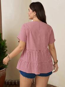 SHEIN LUNE 大码女式圆领格子褶皱休闲百搭日常衬衫 - 彩色 - 查看 2