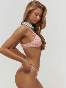 Musera Resort Check Print Double Layered Beaded Strap Detail Bikini Bottoms Only Summer Swim Beach Cover Up Vacation Everyday Sexy Cute Travel Bambola - Orange - View 3