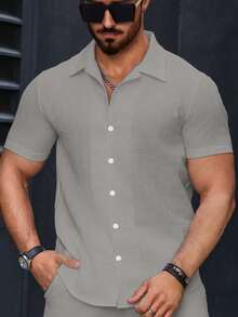 Manfinity Homme Men's Solid Color Regular-Shoulder Short Sleeve Casual Summer Button Front Shirt, Formal - Grey - View 6
