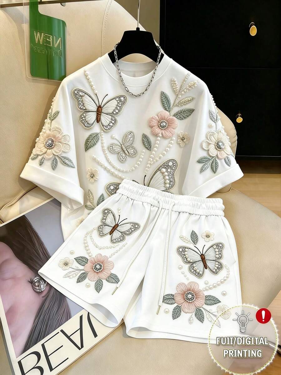 Franclia Bộ 2 món gồm áo tay ngắn và quần short in hình bướm thêu, kiểu dáng Trung Quốc sang trọng với họa tiết thêu hoa màu trắng thanh lịch, bộ đồ thường ngày in hình bướm thêu lấy cảm hứng từ phong cách cổ điển, bộ 2 món rộng rãi in hình bướm thêu phong cách Y2K ngọt ngào, bộ đồ thường ngày in hình bướm hoa kiểu Hàn Quốc nhẹ nhàng, bộ đồ thường ngày in hình bướm thêu thanh lịch mùa hè. - trắng - Xem 1