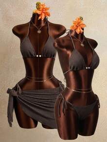 Zestiva Women's Textured Fabric Contrast Color Beaded Triangle Cup Tie-Up Design 3 PiecesSwimsuit Set, Summer Beach Party Holiday Style - Brown - View 1