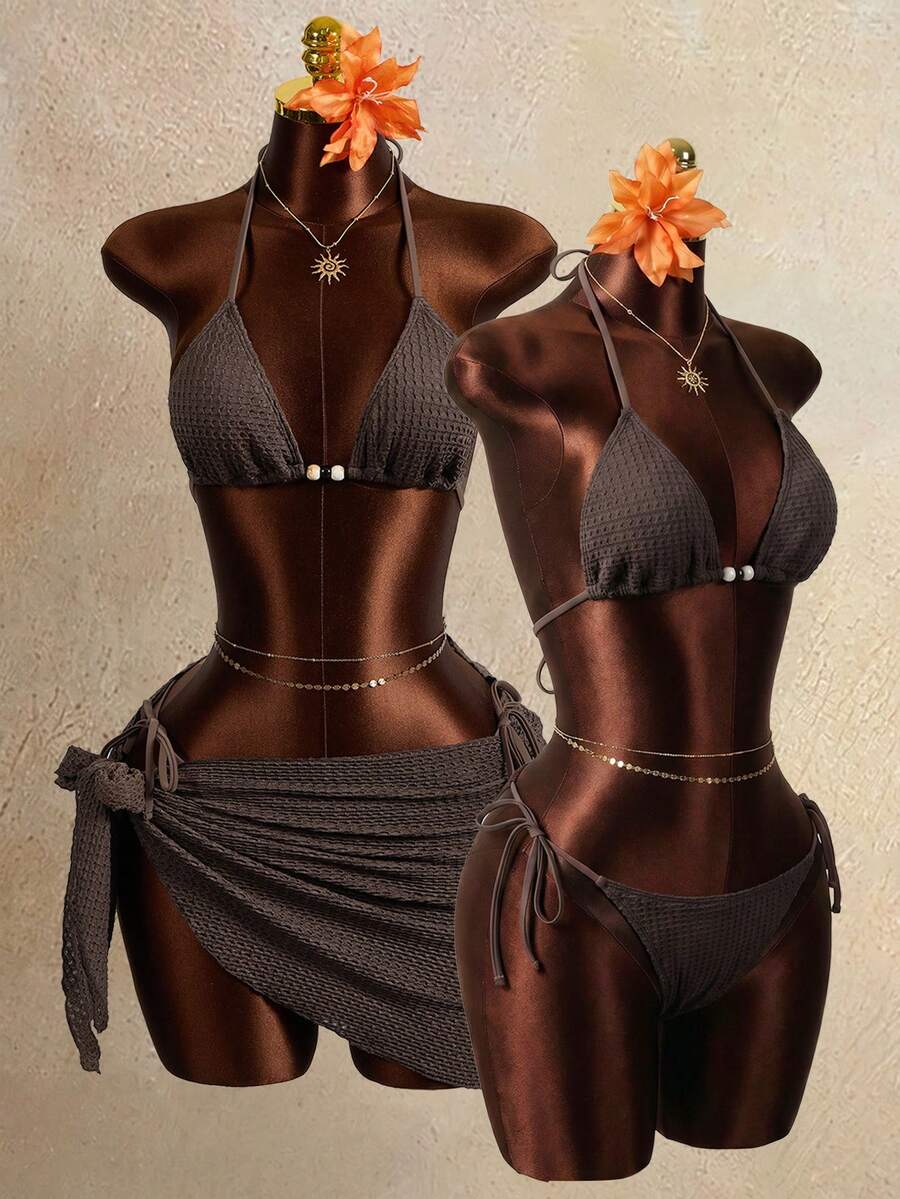 Zestiva Women's Textured Fabric Contrast Color Beaded Triangle Cup Tie-Up Design 3 PiecesSwimsuit Set, Summer Beach Party Holiday Style - Brown - View 1