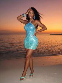 SHEIN Slayr Đầm ngắn sequin ombre xanh bạc hà, cổ yếm, hở lưng, thích hợp cho tiệc tùng, đi club. - Nhiều màu - Xem 4