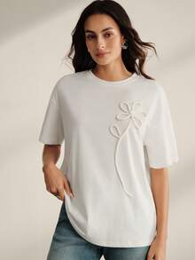 Anewsta Women's Fitted Short Sleeve Round Neck T-Shirt With 3D Floral Design, Spring/Summer Golf White Basic - White - View 3