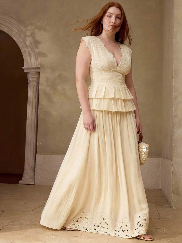 PLUS SIZE FLORAL EMBROIDERY WAIST RUFFLE HEM TOP AND SKIRT 2 PIECES SET