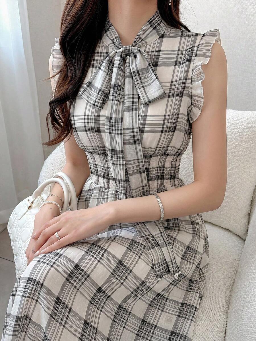 FRIFUL 女士高领蝴蝶结装饰短袖荷叶边长连衣裙,夏季沙滩连衣裙/太阳裙 - 黑與白 - 查看 1