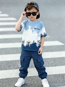SHEIN Genkimix Kids 两件套男童渐变色印花圆领短袖T恤和工装裤套装，时尚舒适，适合春夏各种场合，如派对、聚会、休闲外出、返校等。 - 彩色 - 查看 3