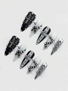 ROMWE 10 miếng dán móng tay giả phong cách Gothic Dark Punk với họa tiết đinh tán và chữ thập, cùng một miếng băng dính hai mặt. - Đen và trắng - Xem 4