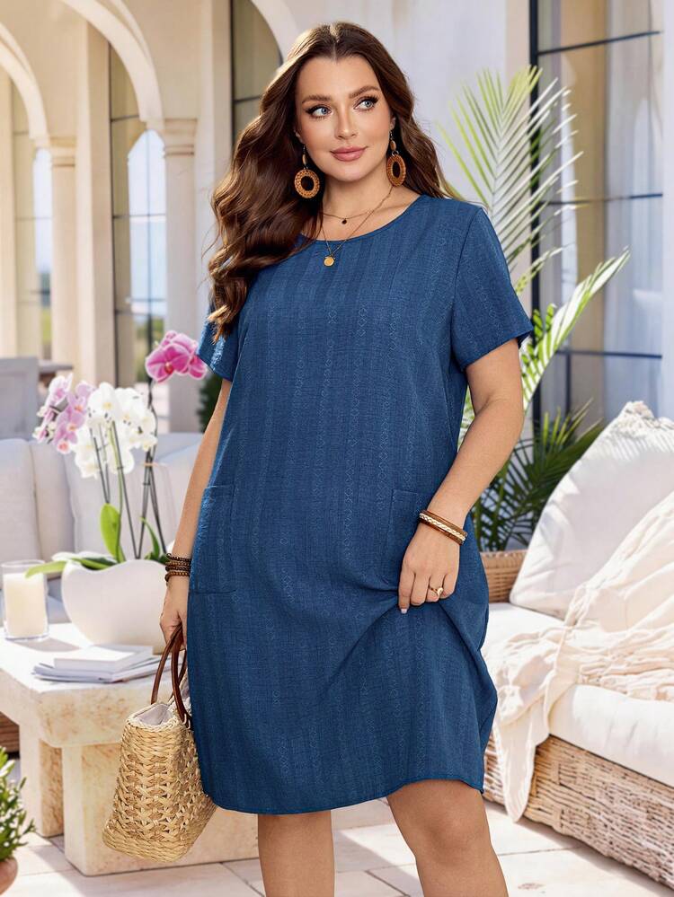 Plus Size Women's Summer Casual Vacation Country Solid Color Blue Textured Short Sleeve Round Neck Short Dress With Pockets, Suitable For Summer Vacation,Casual Holiday Style,Summer Outfits For Women ,Vacation Outfits Women ,Holiday Outfits For Women,Going Out Outfits, New Clothes,Simple And Fashionable For Everyday Wear,Suitable For Summer, Vacation, Daily Wear, Festival Outfits For Women,Country Concert Outfit,Beach Outfits For Women,Western Style,Flowy Dress,Gifts For Mother,Faux Denim Blue Boho Dress