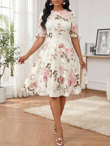 SHEIN Lady Women's Elegant Romantic Floral Print Waist Cinched Short Dress, Summer,Dresses For Women Summer Wedding Party Pink And White - Multicolor - View 1