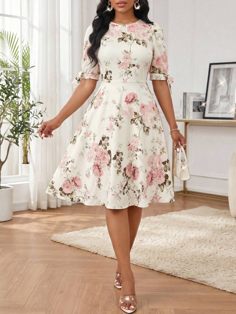 SHEIN Lady Women's Elegant Romantic Floral Print Waist Cinched Short Dress, Summer,Dresses For Women Summer Wedding Party Pink And White - Multicolor - View 1