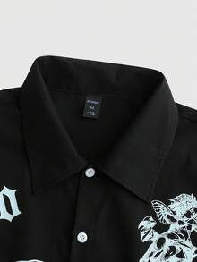 ROMWE MEN Street Life Men's Printed Loose Fit Short Sleeve Shirt - Black - View 3