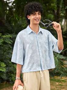 Open Phase Men's Street Style Casual Shirt, Lightweight Breathable Fashionable Cut-Out 3D Textured Short Sleeve Button-Up Shirt, Cropped Loose Fit Versatile Sky-Blue Couples Outfit, Suitable For Weekend Dates Beach Vacations Beach Parties Daily Shopping, Perfect Gift For Boyfriend & Son & Mother's Day - Blue - View 5