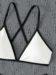 Bonvoyette Contrast Color Trim Tankini Swimwear Set - Black and White - View 3