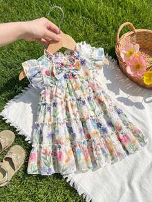 SHEIN Vintaside Kids Đầm dự tiệc họa tiết hoa, nơ trang trí, thời trang cho bé gái, thích hợp cho mùa xuân, hè, thu, ở nhà, đi nghỉ mát, lễ hội, dự tiệc và mặc hàng ngày. - Màu vàng - Xem 7